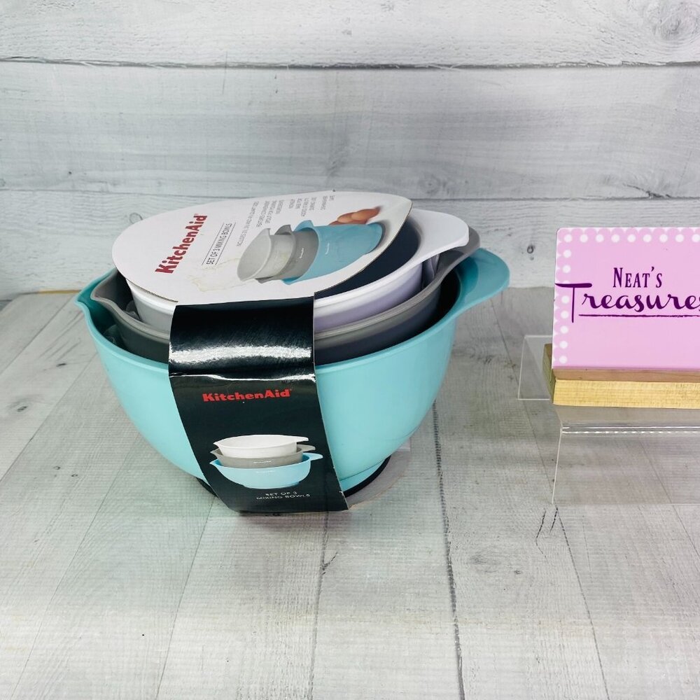 KitchenAid Aqua White Gray Durable Nonslip Handle Spout Mixing Bowls Set 3 NEW
